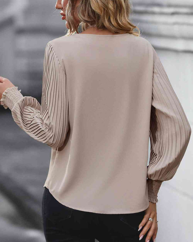 Pleated Lantern Sleeve V-Neck Blouse
