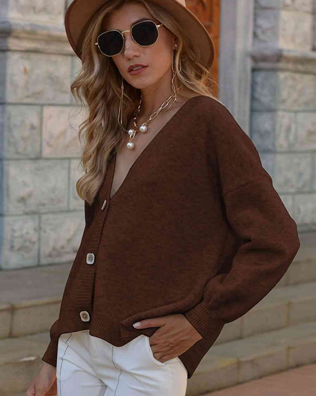 V-Neck Button-Down Dropped Shoulder Cardigan