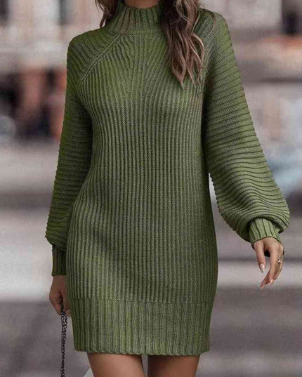 Mock Neck Lantern Sleeve Sweater Dress