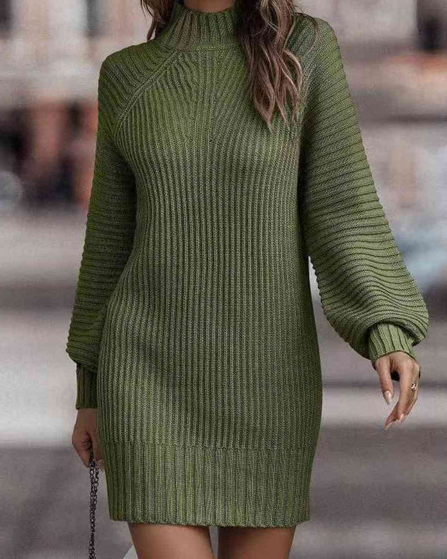 Mock Neck Lantern Sleeve Sweater Dress