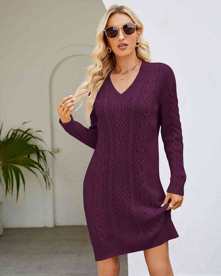Cable-Knit V-Neck Mini Sweater Dress