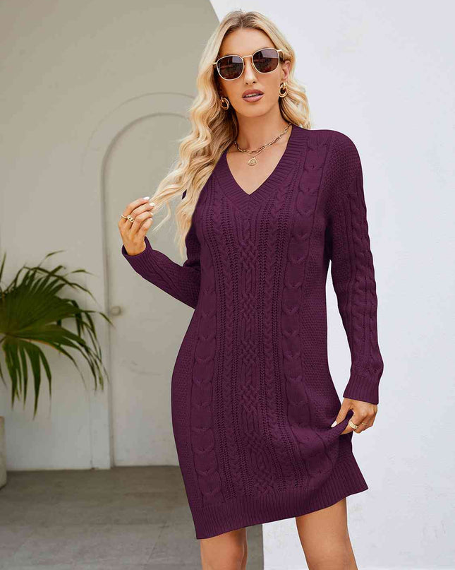 Cable-Knit V-Neck Mini Sweater Dress