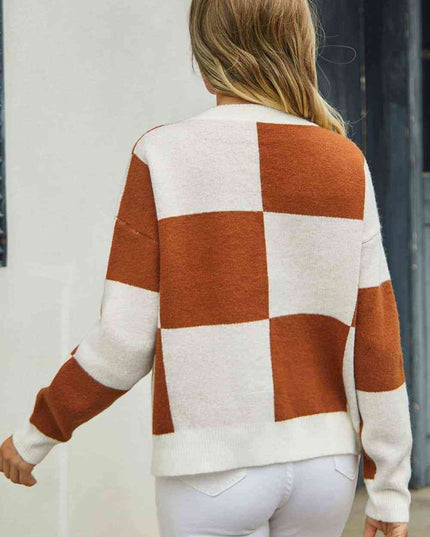 Plaid V-Neck Dropped Shoulder Cardigan