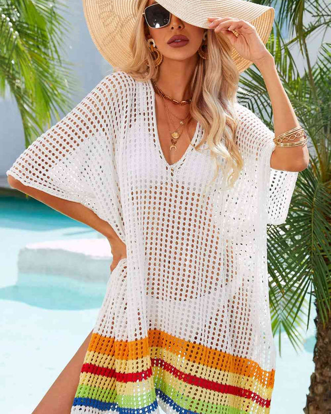 Rainbow Stripe Openwork Slit Cover-Up