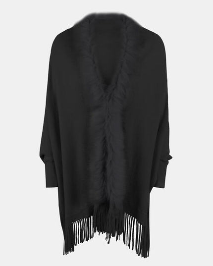 Fringe Open Front Long Sleeve Poncho