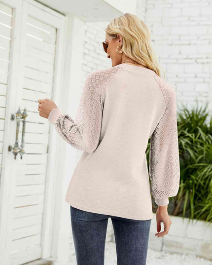 Waffle-Knit Spliced Lace Notched Top