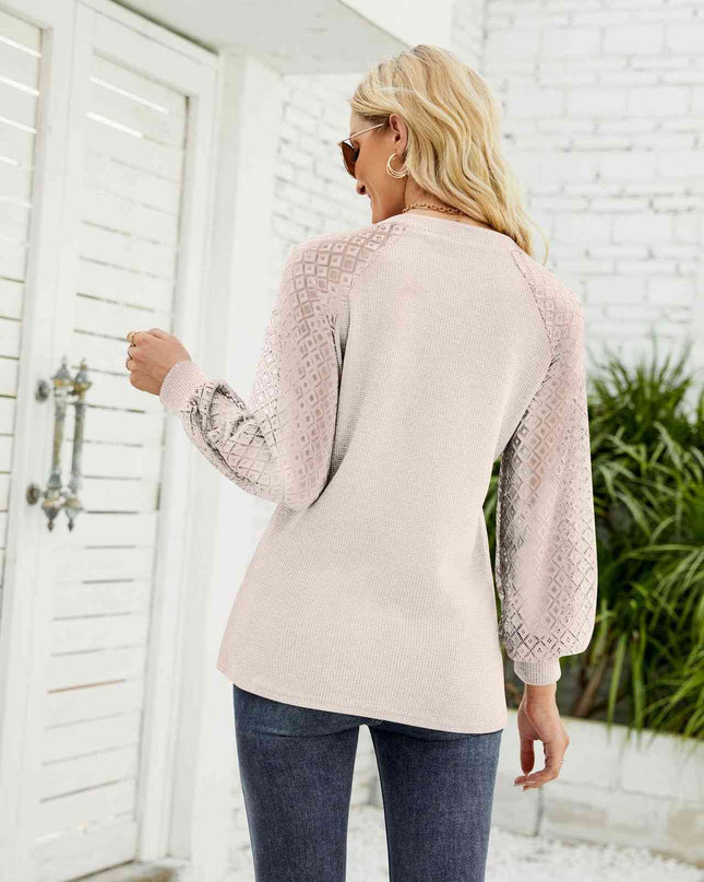 Waffle-Knit Spliced Lace Notched Top