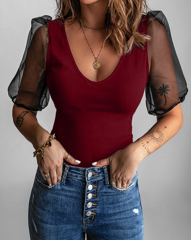Spliced Mesh Puff Sleeve Blouse