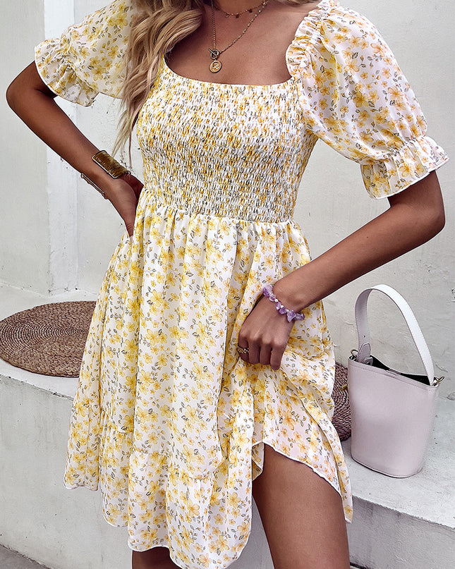 Floral Smocked Square Neck Flounce Sleeve Dress