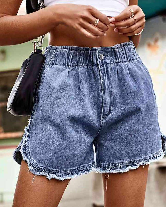 Raw Hem Elastic Waist Denim Shorts