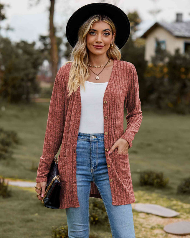 Ribbed Button-Up Cardigan with Pockets