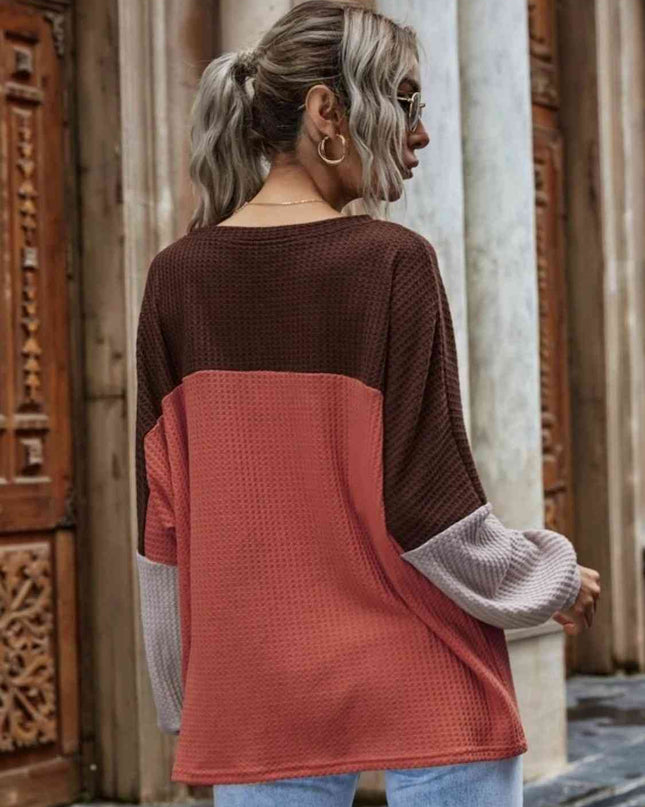 Color Block Waffle-Knit Long Sleeve Top