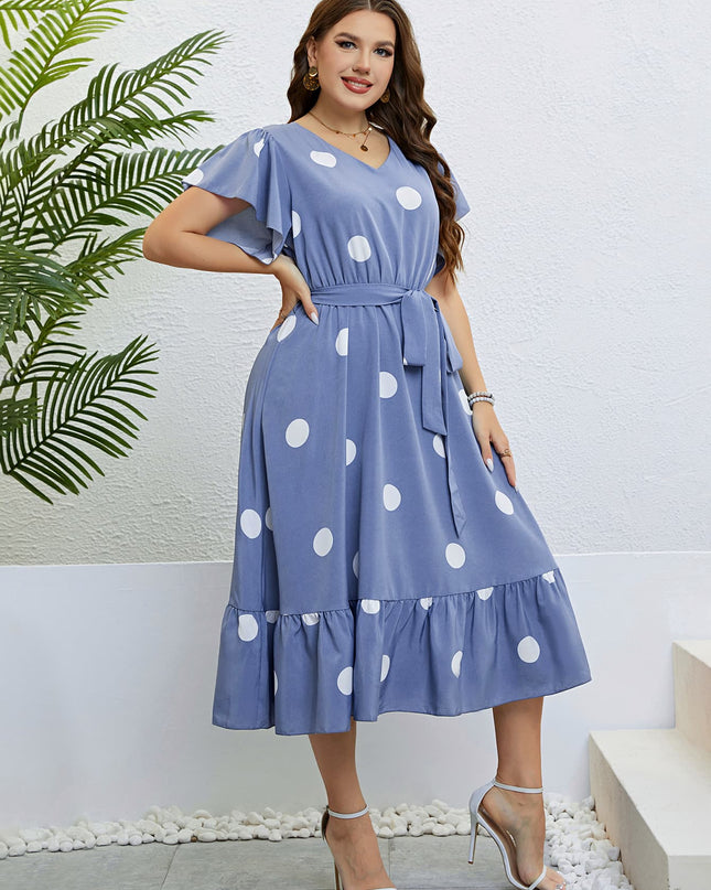 Polka Dot Belted Flutter Sleeve Ruffle Hem Dress