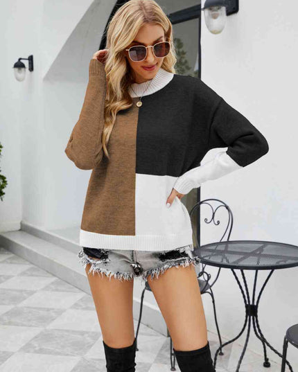 Color Block Dropped Shoulder Ribbed Trim Sweater