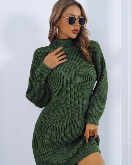 Buttoned Turtleneck Long Sleeve Sweater Dress