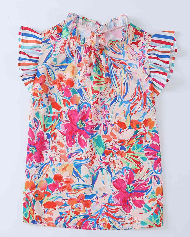 Floral Round Neck Butterfly Sleeve Blouse