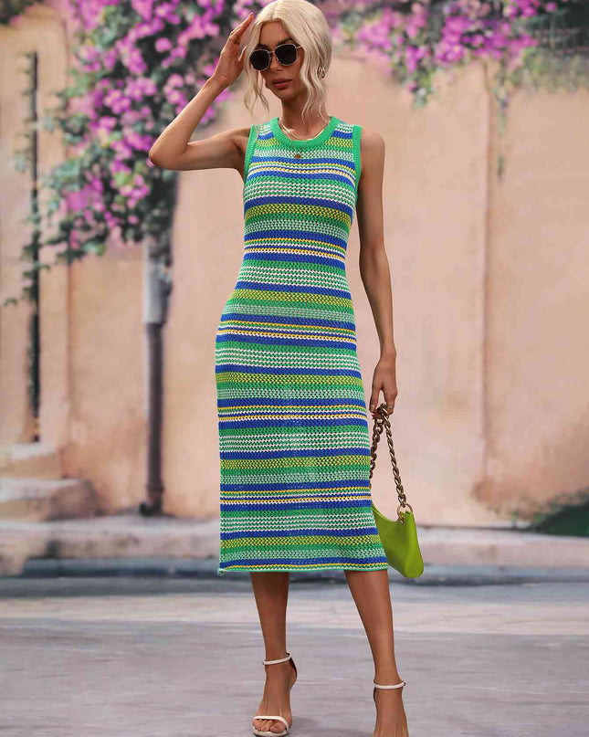 Striped Round Neck Sleeveless Midi Cover Up Dress