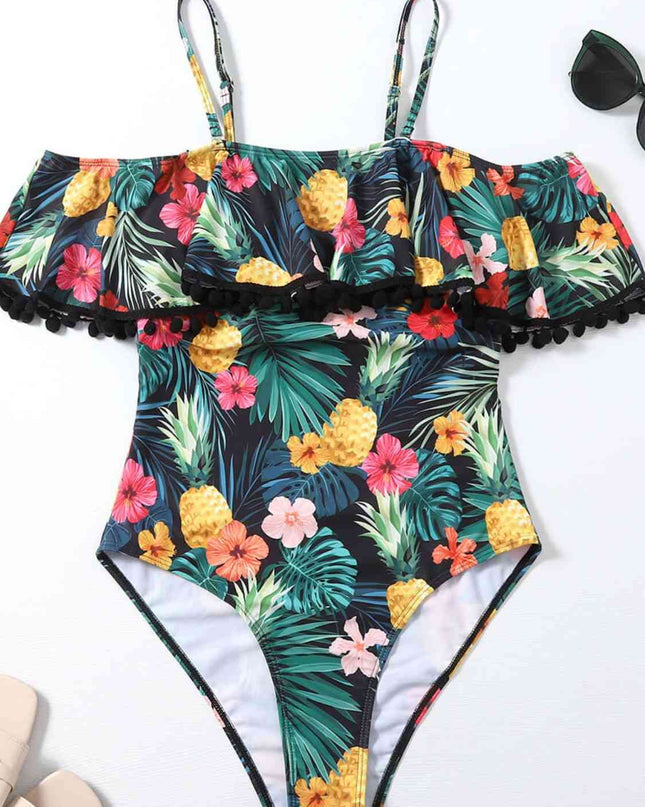 Botanical Print Cold-Shoulder One-Piece Swimsuit