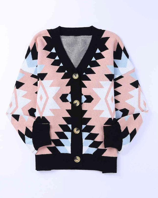 Geometric Button Down Dropped Shoulder Cardigan