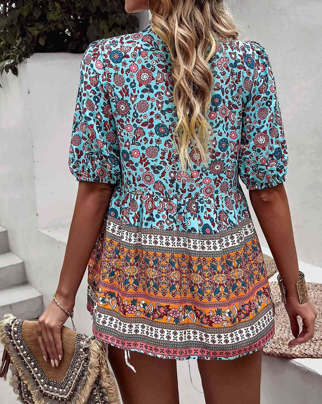 Bohemian Tassel Tie Puff Sleeve Babydoll Blouse