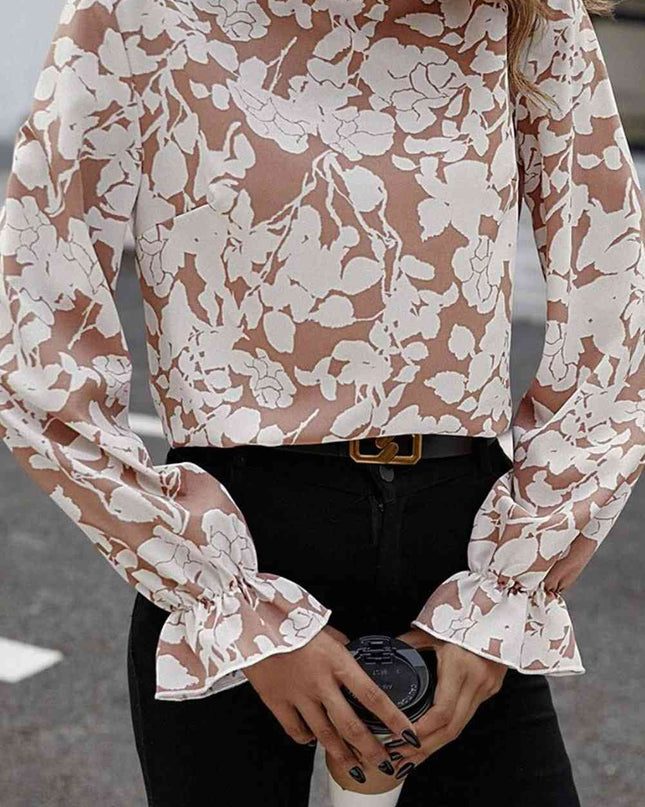 Floral Print Mock Neck Flounce Sleeve Blouse