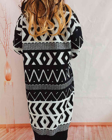 Geometric Button Front Longline Cardigan