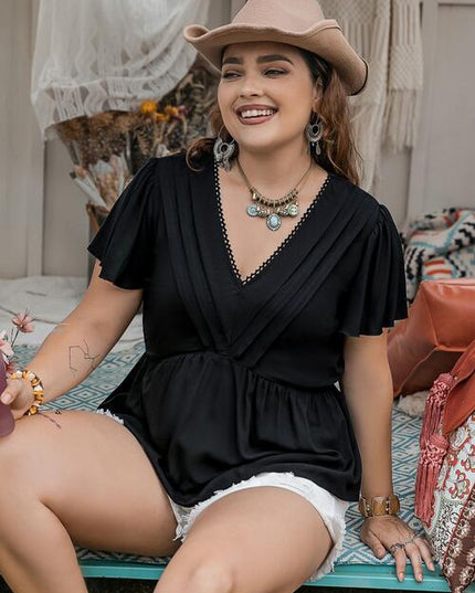 Plus Size V-Neck Flutter Sleeve Blouse