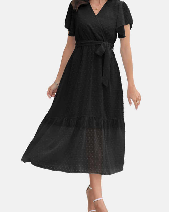 Surplice Neck Flutter Sleeve Tied Dress