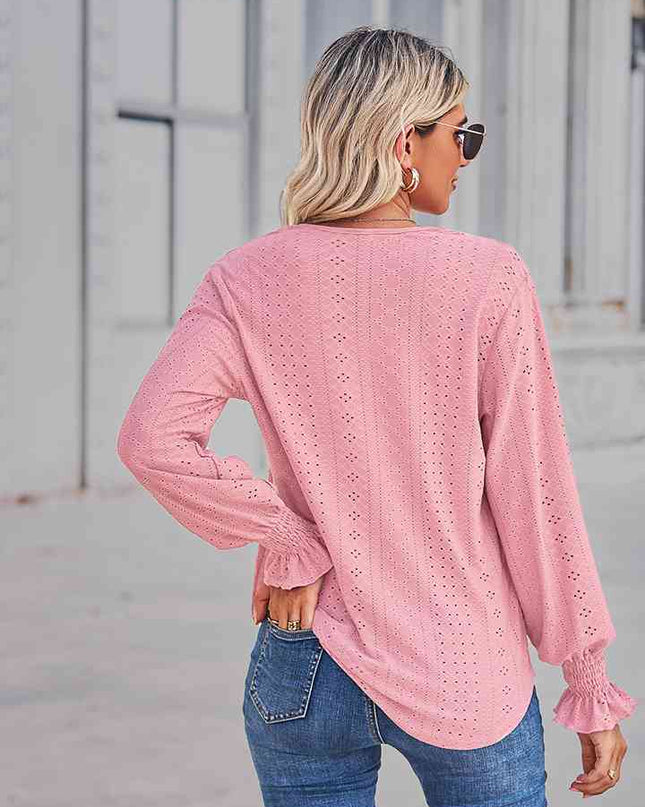 V-Neck Eyelet Flounce Sleeve Blouse