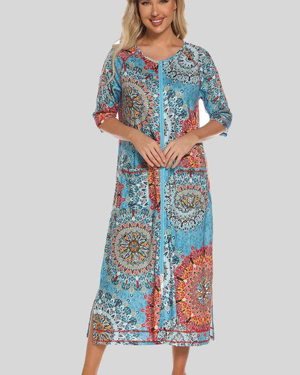 Printed Slit Night Dress with Pockets