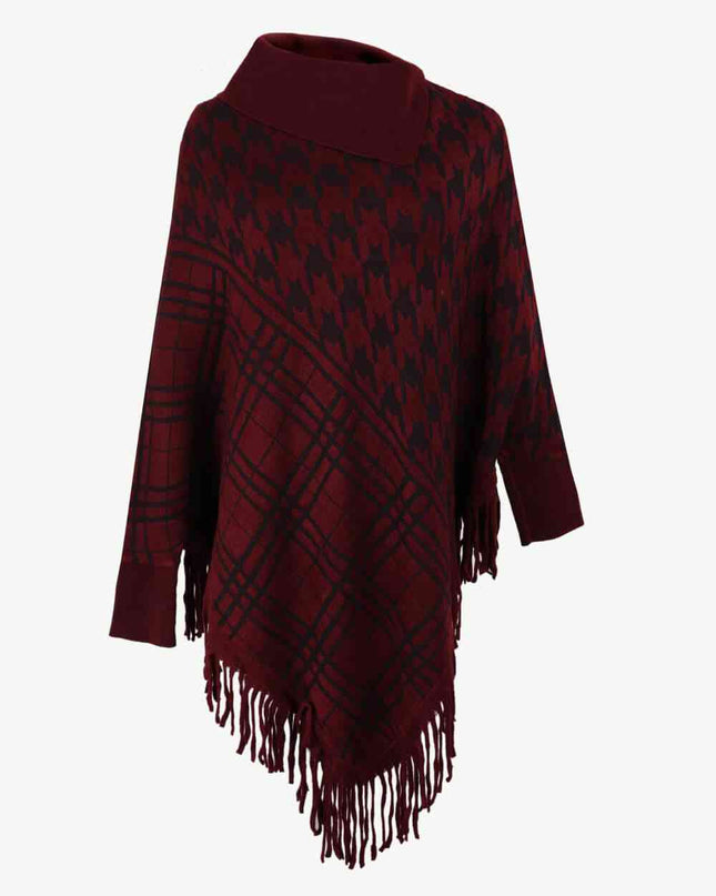Houndstooth Turtleneck Fringe Hem Poncho
