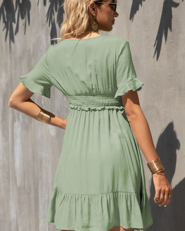 Smocked Waist Flounce Sleeve Ruffle Hem Dress
