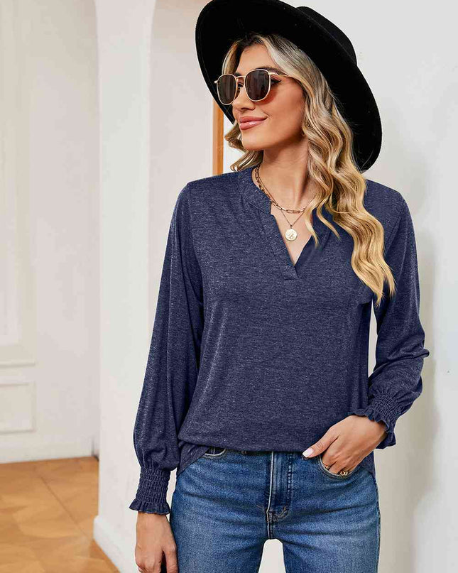 Notched Neck Long Sleeve Blouse