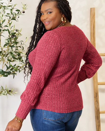 Double Take Ribbed Round Neck Lantern Sleeve Blouse