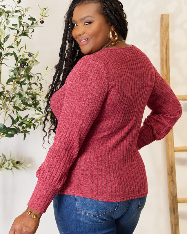 Double Take Ribbed Round Neck Lantern Sleeve Blouse