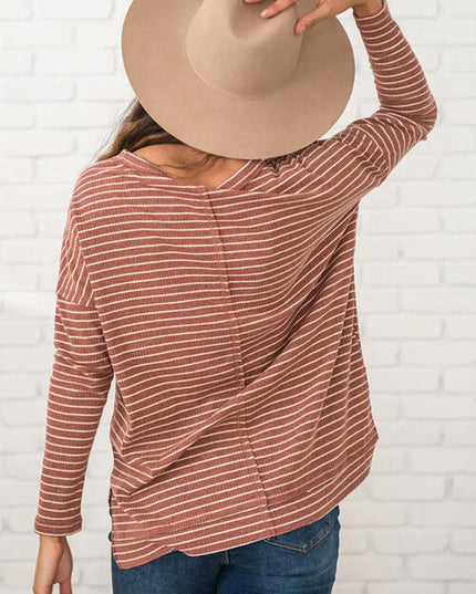 Striped Round Neck Long Sleeve Slit T-Shirt