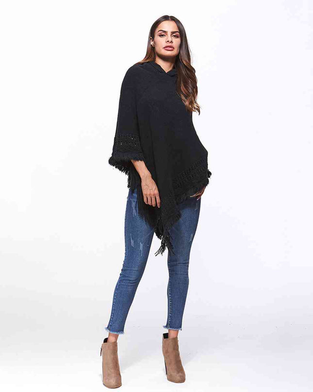Openwork Fringe Hem Hooded Poncho