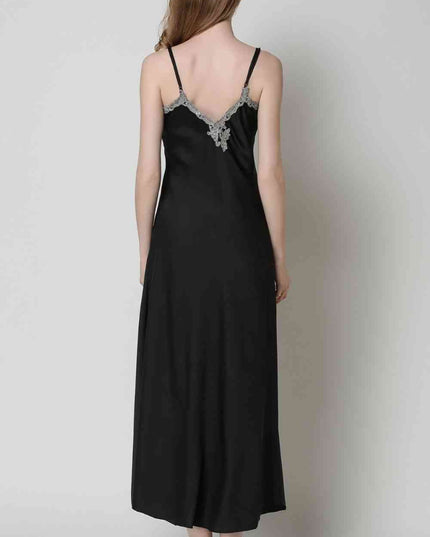 Full Size Lace Trim V-Neck Spaghetti Strap Satin Night Dress