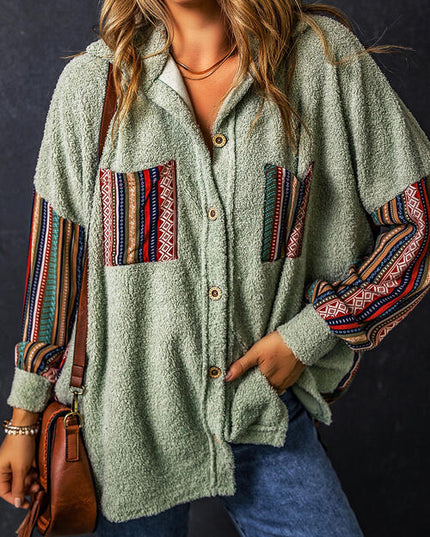 Geometric Button Up Long Sleeve Hooded Jacket