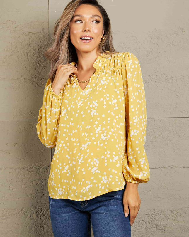 Double Take Printed Notched Neck Smocked Blouse