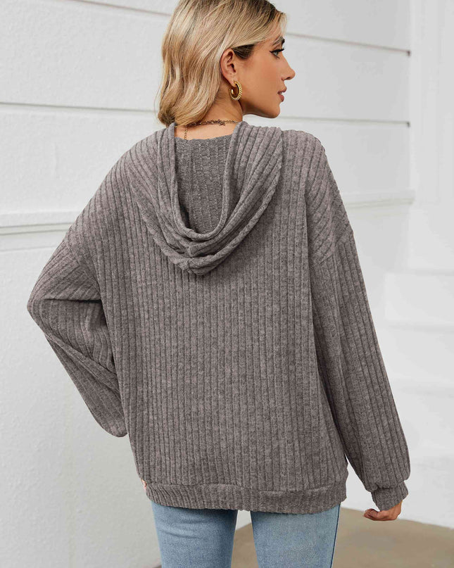 Drawstring Dropped Shoulder Ribbed Hoodie