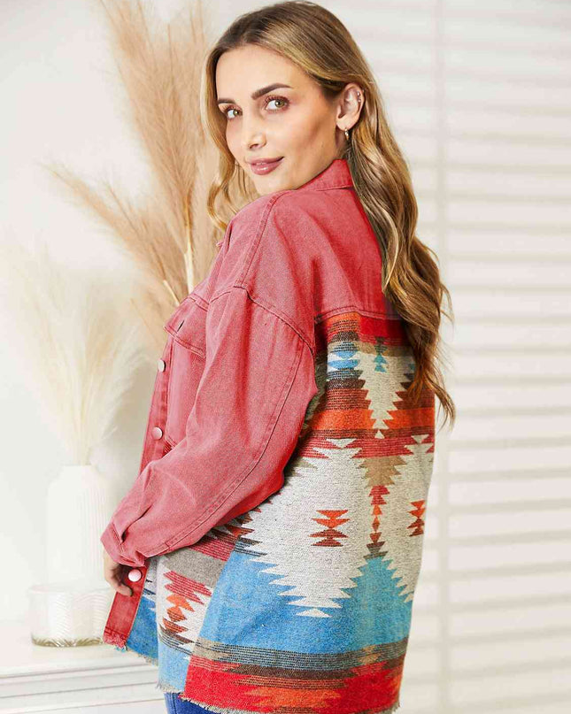 Dropped Shoulder Long Sleeve Printed Denim Jacket