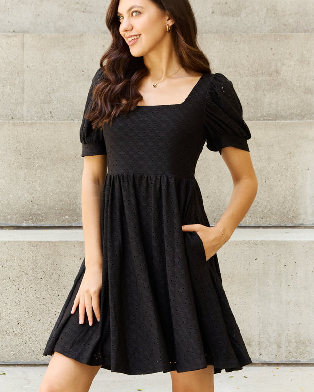 Davi & Dani Walk In The Park Full Size Square Neck Crochet Mini Dress