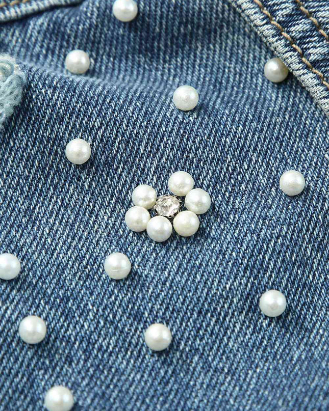 Pearl Detail Distressed Button Up Denim Jacket