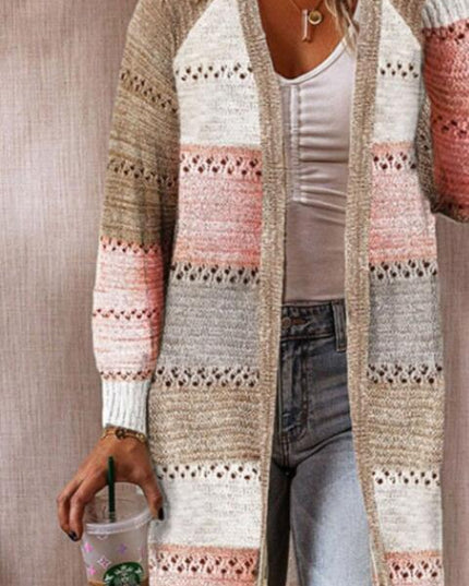 Color Block Open Front Openwork Cardigan