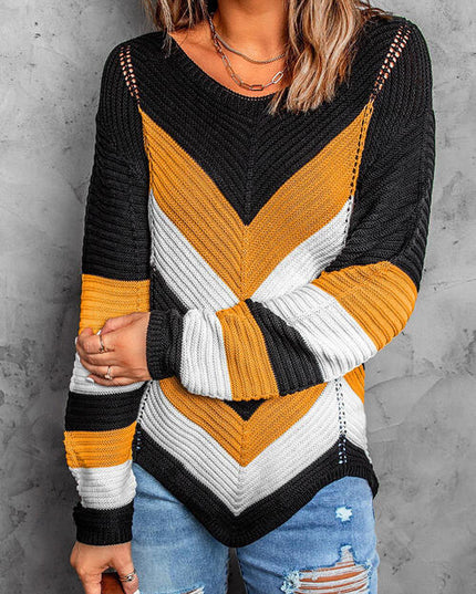 Eyelet Color Block Long Sleeve Sweater