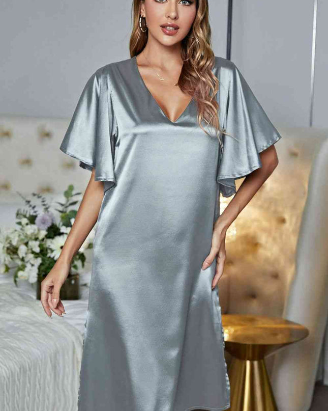 Satin Flutter Sleeve Side Slit V-Neck Night Dress