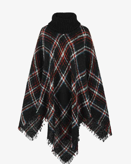 Plaid Turtleneck Fringe Hem Poncho