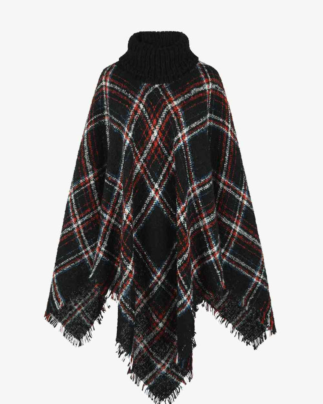 Plaid Turtleneck Fringe Hem Poncho