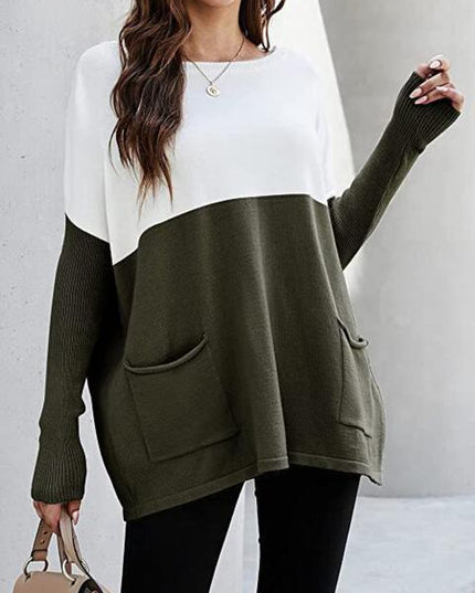 Two Tone Pullover Sweater with Pockets